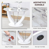 47" Round Dining Table for 4-6, White Faux Marble Kitchen Table with Wood Pedestal, Modern Circle Dinner Tables for