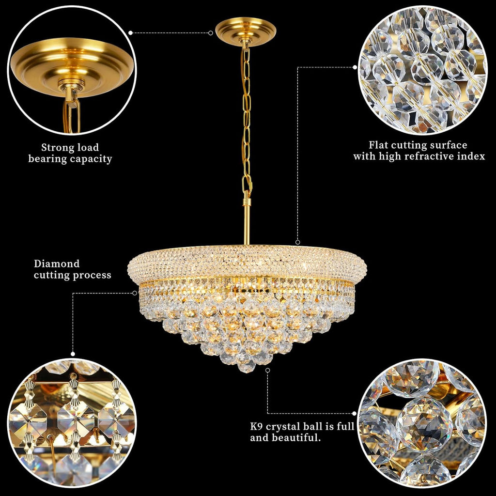 Crystal Chandeliers for Dining Room Light Fixtures Over Table_Empire Style K9 Crystal Chandeliers for Bedroom_9 Lights Gold Luxury Lighting Fixtures for Living Room Kitchen Island Entryway