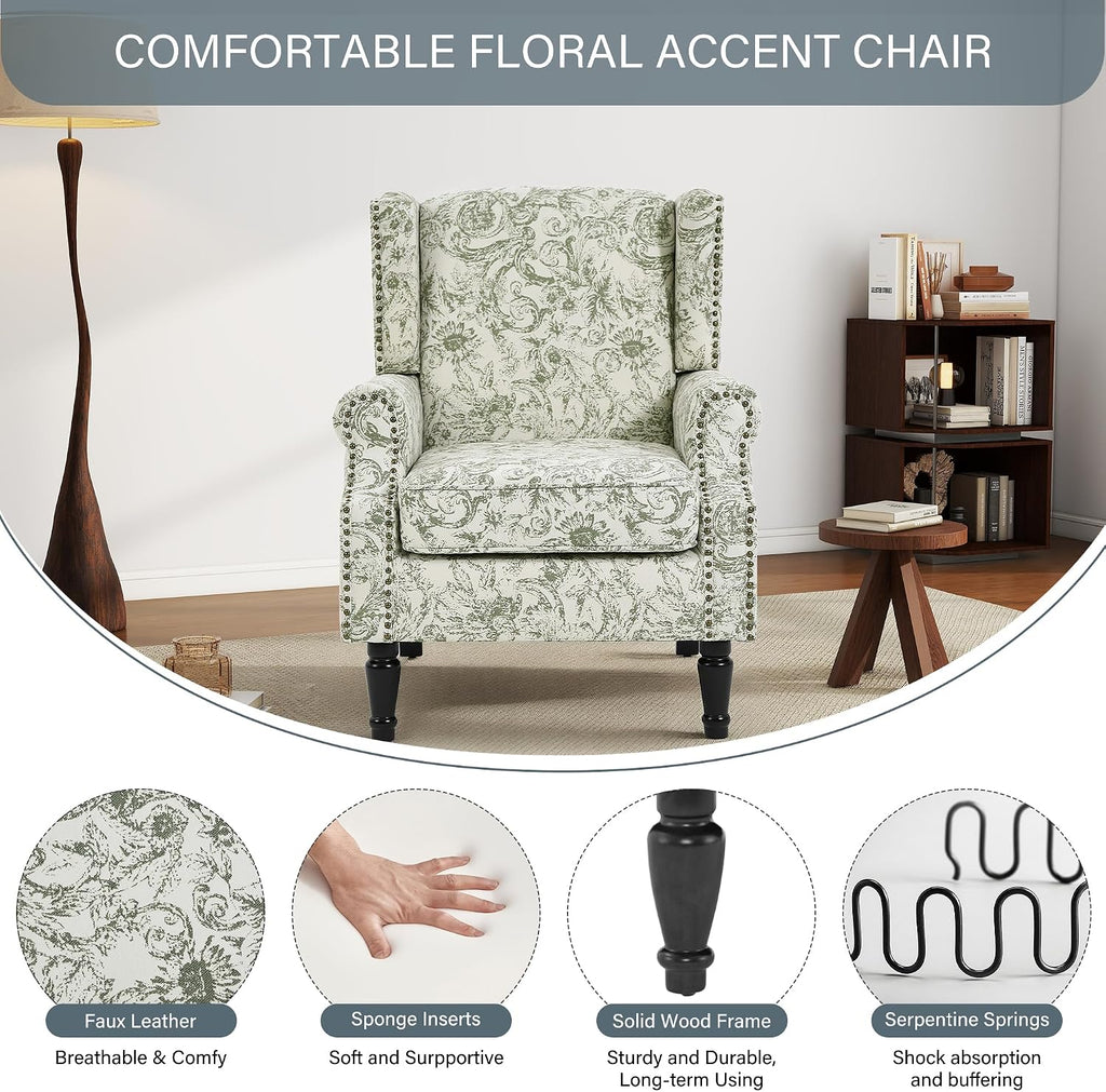 Floral High Back Accent Chairs Set of 2, Wingback Armchair in Fabric | Printed Upholstered Reading Seat with