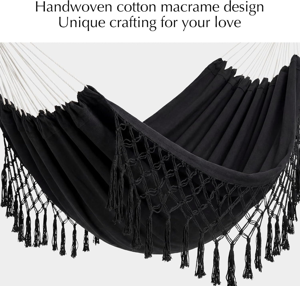 Handmade Tassel Hammocks, Double Hammock with Stand for Outside Indoor Outdoor, Max 450 lbs Capacity, Pillow &
