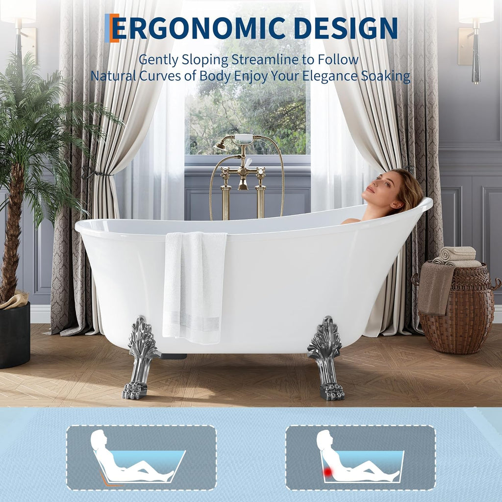 Freestanding Clawfoot Bathtub 67 Inch Acrylic Slipper Soaking Tub with Chrome Feet & Pop-Up Drain, Elegant Stand