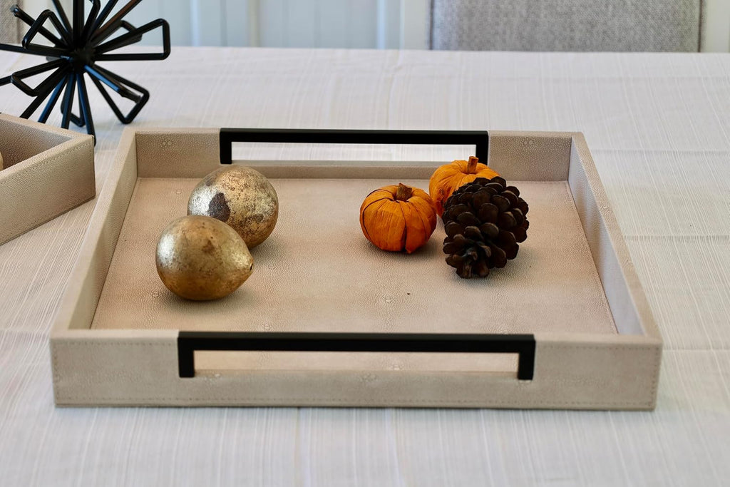Sagala 16"x16" Ivory Shagreen Leather Serving Tray with Handles for Ottoman Coffee Table, Stylish Decorative Tray