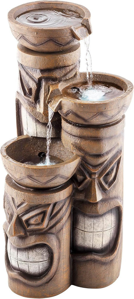 29"H Outdoor 3-Tiered Tiki Head Bowl Waterfall Floor Fountain with Cool White LED Lights, Brown
