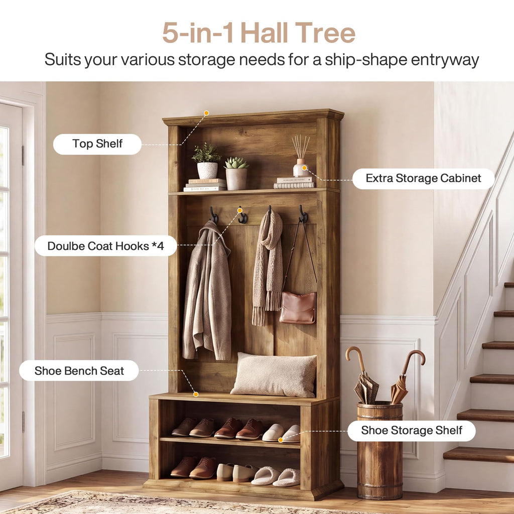 Hall Tree with Bench and Shoe Storage, 70.89" Tall Hall Tree with Coat Hooks, Open Shoe Shelves and Top Display