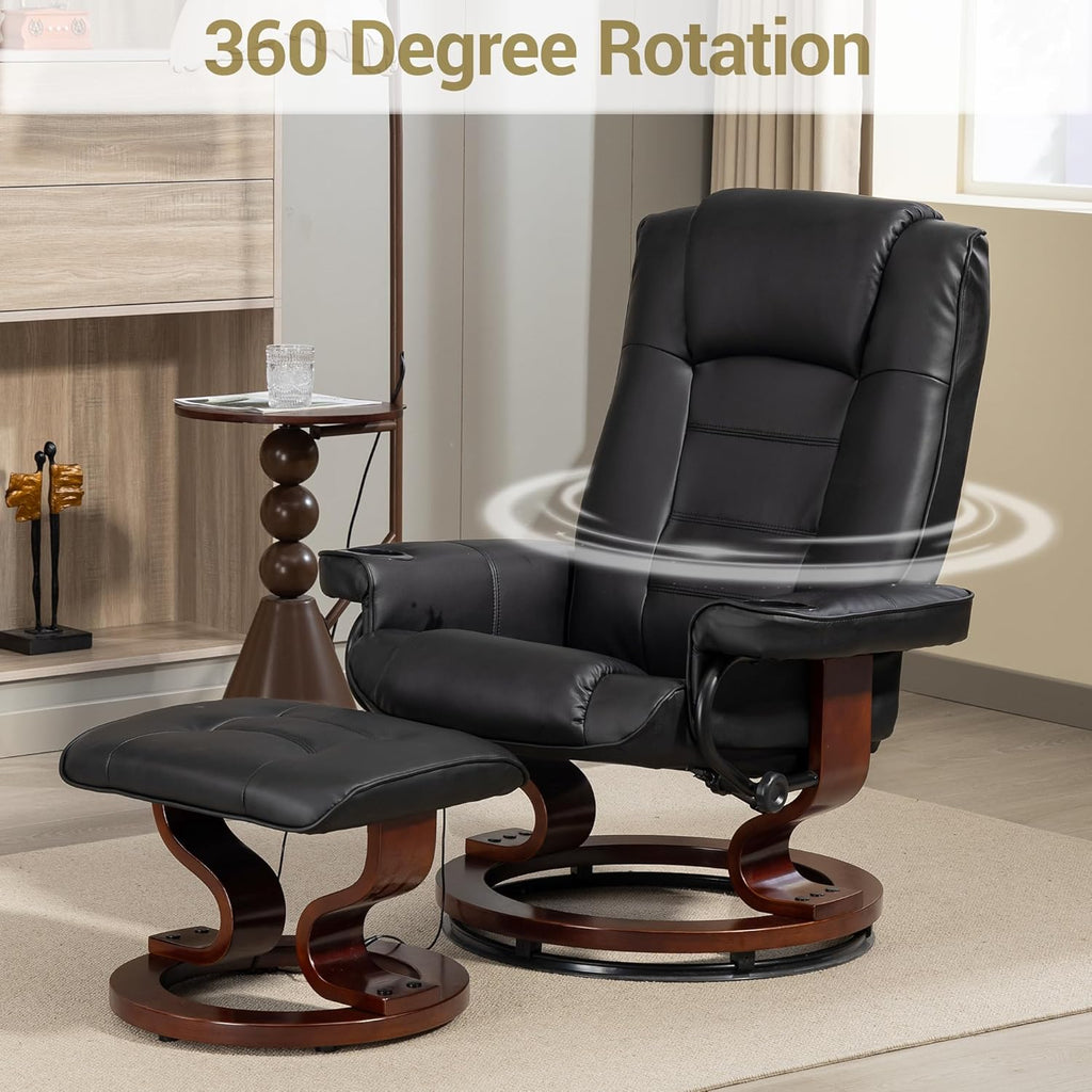 Modern Reclining Lounge Chair and Ottoman — Black PU Leather