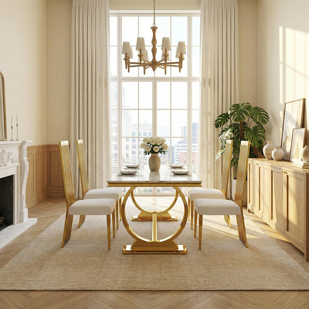 White and Gold Dining Table, Faux Marble Top, Metal Frame and U-Base