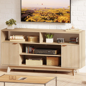 Mid Century Modern TV Stand, 59 Inches Entertainment Center with Storage, Tall TV Media Console with 2 Fluted Doors
