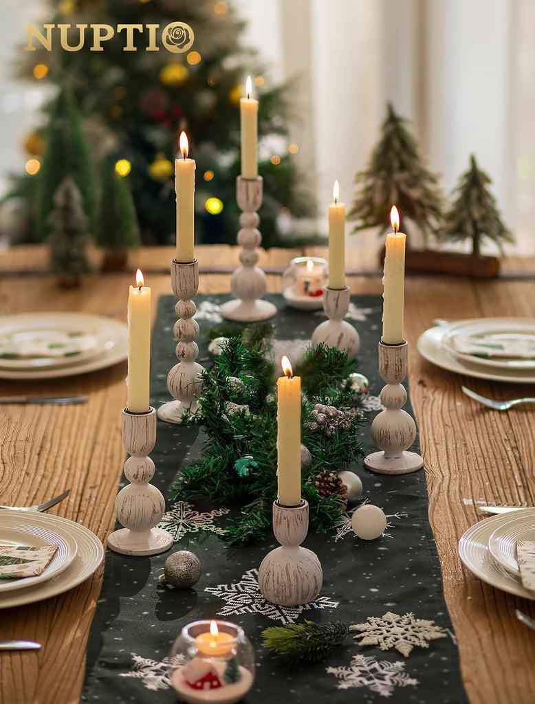 Taper Candle Holders Decor: Set of 3 Wooden Candlestick Holders Mantel Decor - Boho Farmhouse Rustic White