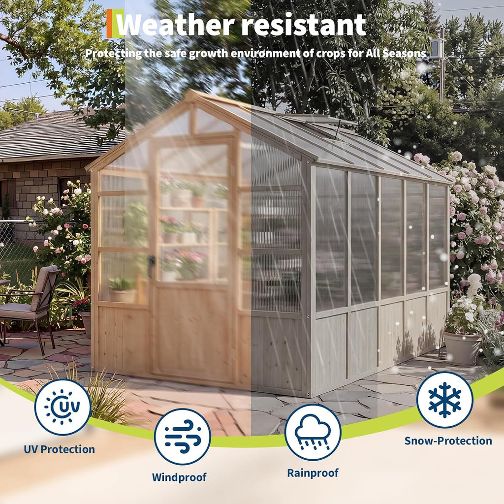 Heavy Duty Walk-in Wooden Greenhouse Kit, 4mm Polycarbonate Panels Green House with Adjustable Vents and Lockable
