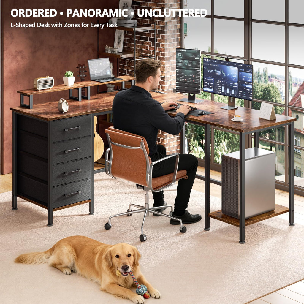 59 inch L Shaped Computer Desk with Power Outlets, Rustic Brown