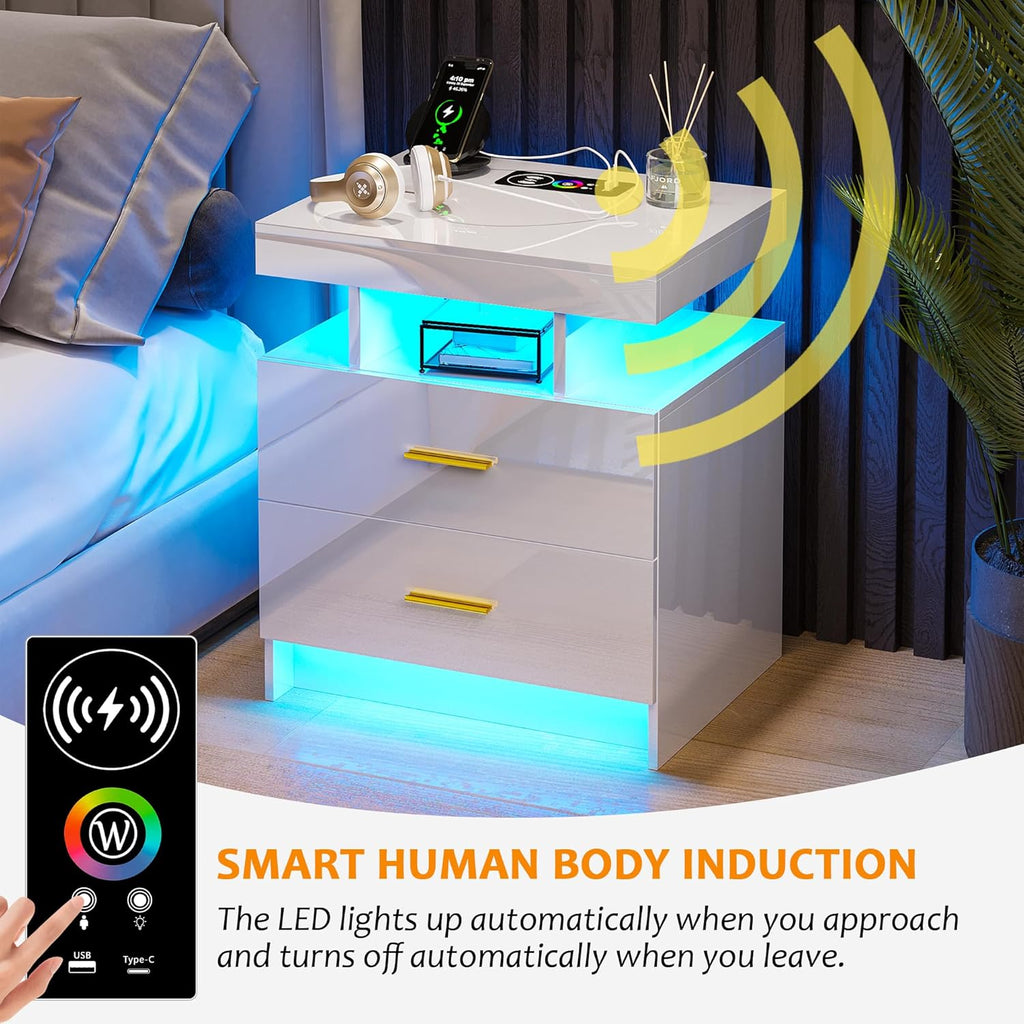 Night Stand Set of 2 with RGB Lights, LED Nightstand with Charging Station, Modern Bedside Table with 2 Drawers