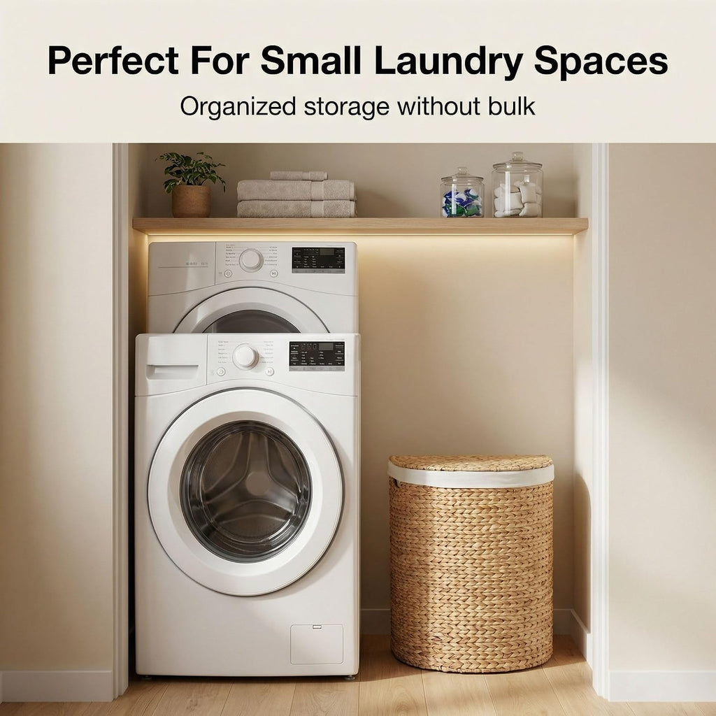 TM Water Hyacinth Laundry Hamper with Lid Stylish Half Moon Basket | Removable Liner and Lid, Handwoven, With
