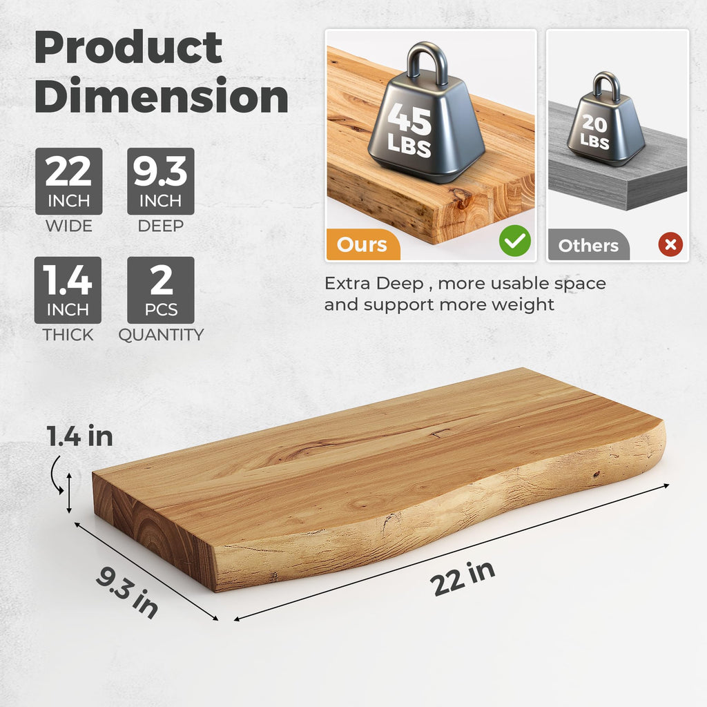 Live Edge Elm Floating Shelves - 22" W x 9.3" D Rustic Solid Wood Wall Shelves with Invisible Bracket, Wall-Mounted