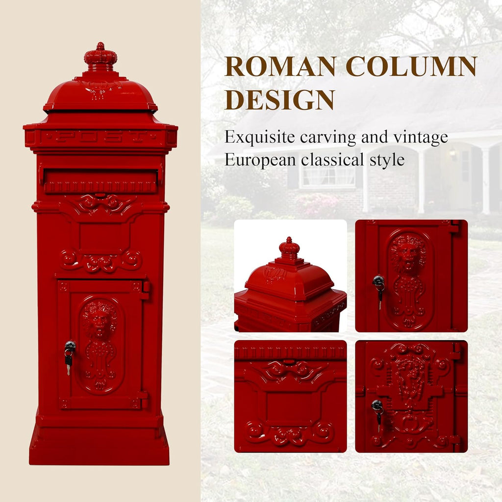 Vintage Large-Capacity Cast Aluminum Mailbox, Outdoor Weatherproof Floor Standing Postbox