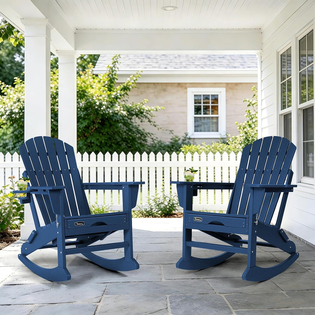 Adirondack Rocking Chair, Porch Rocker with Ottoman & Cup Holder | Multifunctional 4-in-1, Wood-Grain, HDPE All