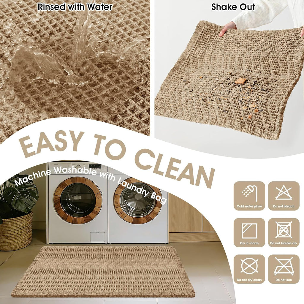 Upgraded Waffle Bath Mat Set 3 Piece Beige-Herringbone, Super Absorbent Non-Slip Quick Dry Bathroom Rugs with