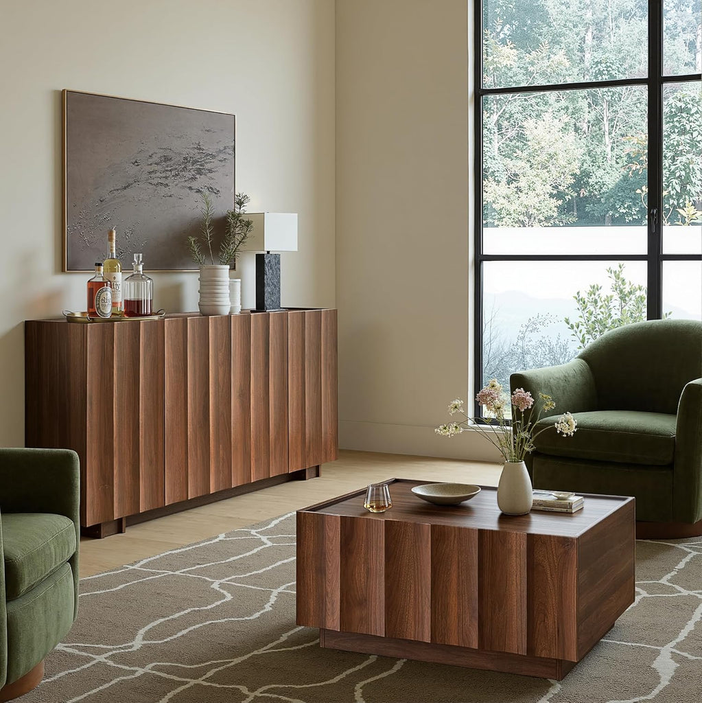 Buffet Cabinet with Storage, Mid Century Modern Sideboard with Wave Design, Wood Grain Finish