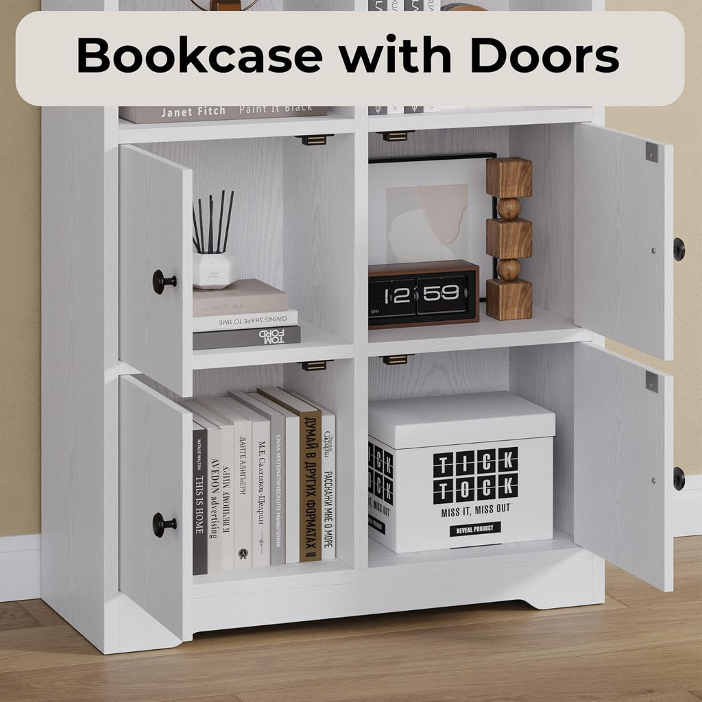 Bookshelf with Doors, Book Shelf with Storage Shelves, 74.6 in Tall Bookcase, White