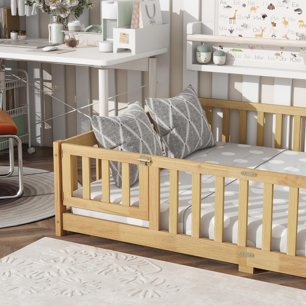 Full Size Montessori Floor Bed with Slats, Door and Guardrails, Natural | Low Profile Montessori Bed with Fence, Easy