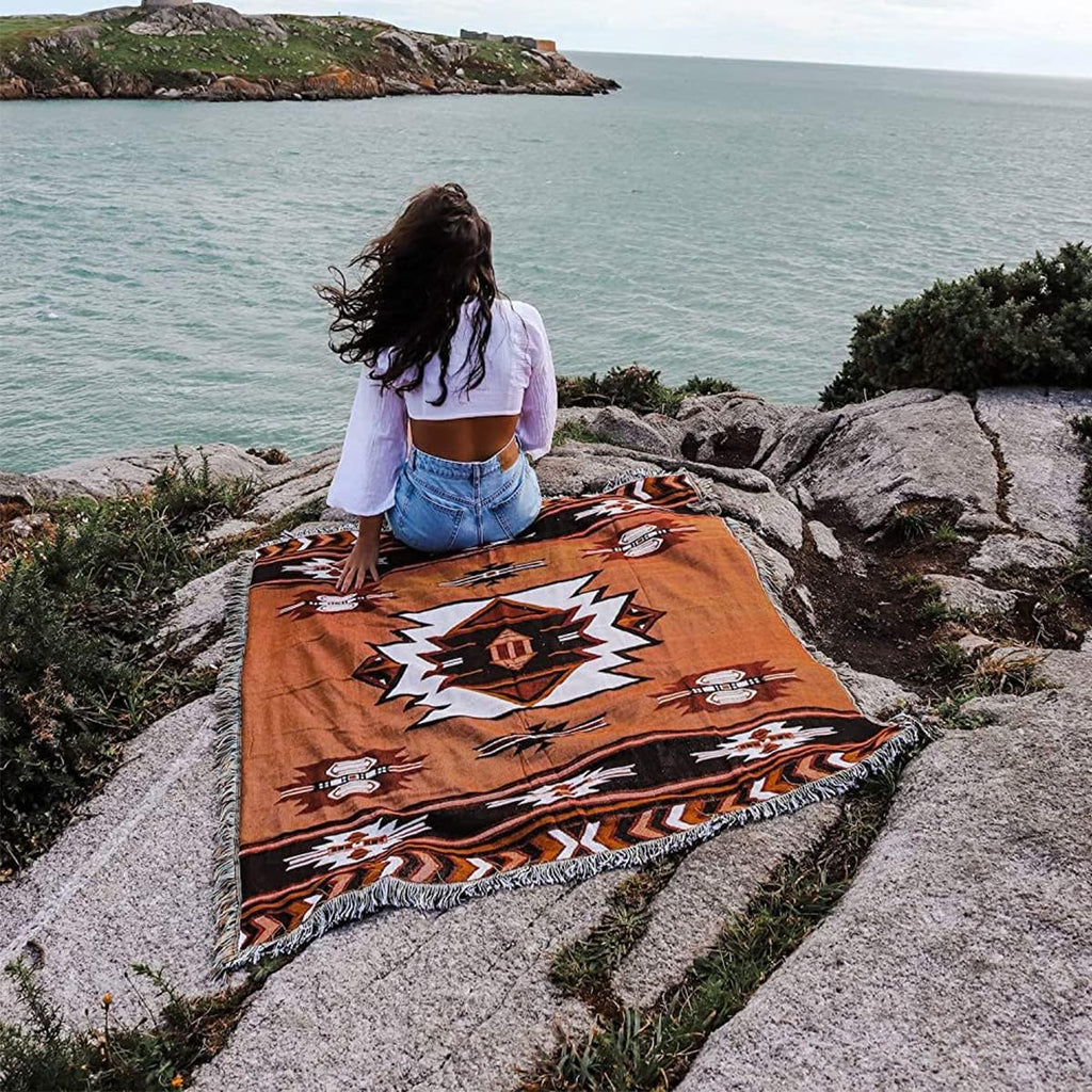 Aztec Throw Blanket Native American Blanket Southwestern Boho Decor Reversible Woven Tassels Mexican Blankets and Throws