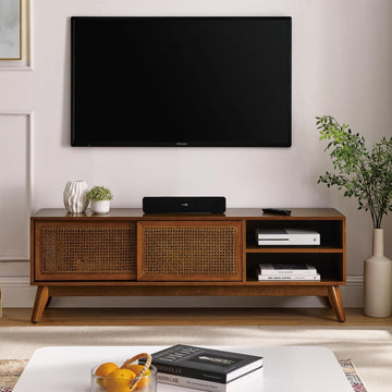 Mid Century Modern Rattan TV Stand for 65 Inch TV,59" Boho Media Console with Sliding Doors & Open Shelves,Solid Wood