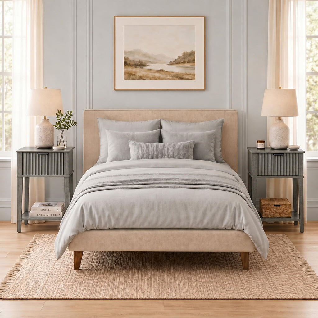 Weathered Gray 15.4" Wide Small Nightstand 2-Pack, Drawer Shelf, Fluted