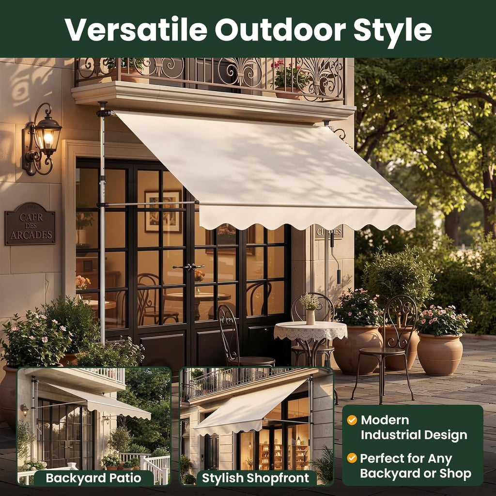 Manual Retractable Awning - 118" x 47" Patio Outdoor Door Window Awning Canopy, Adjustable Height 86-122", UV &