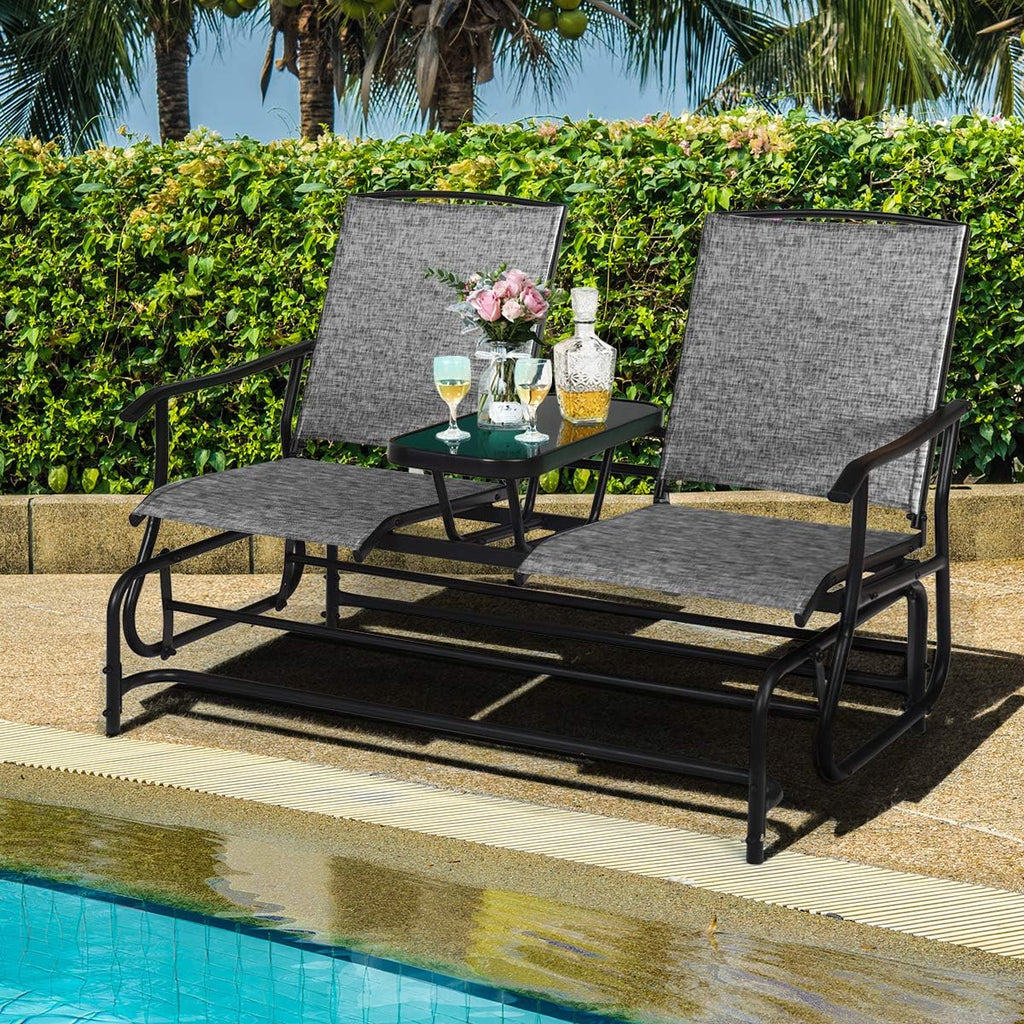 Patio Bench Glider Chair with Metal Frame, Center Tempered Glass Table, Outside Double Rocking Swing Loveseat for