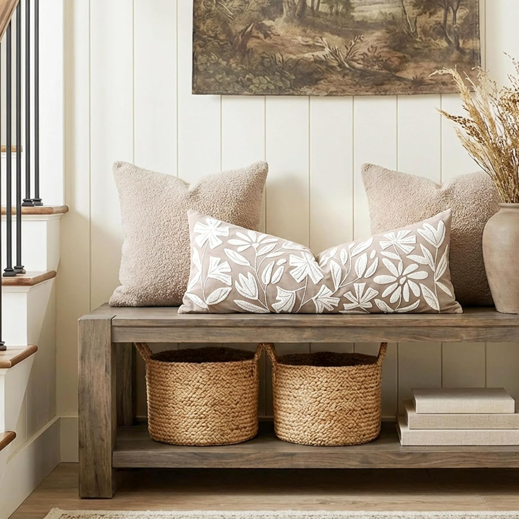 14x36 Lumbar Pillow Cover, Taupe Rectangular Long Throw Pillowcase, Embroidered Velvet Floral Tufted Farmhouse Accent