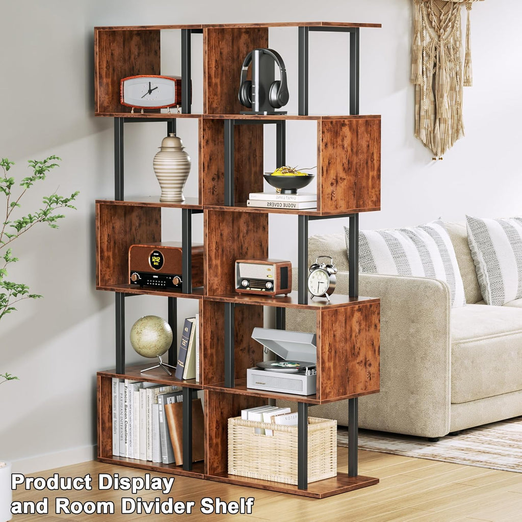 6 Tier Bookshelf, Tall S Shaped Geometric Bookcase, Modern Display Shelf Standing Unit