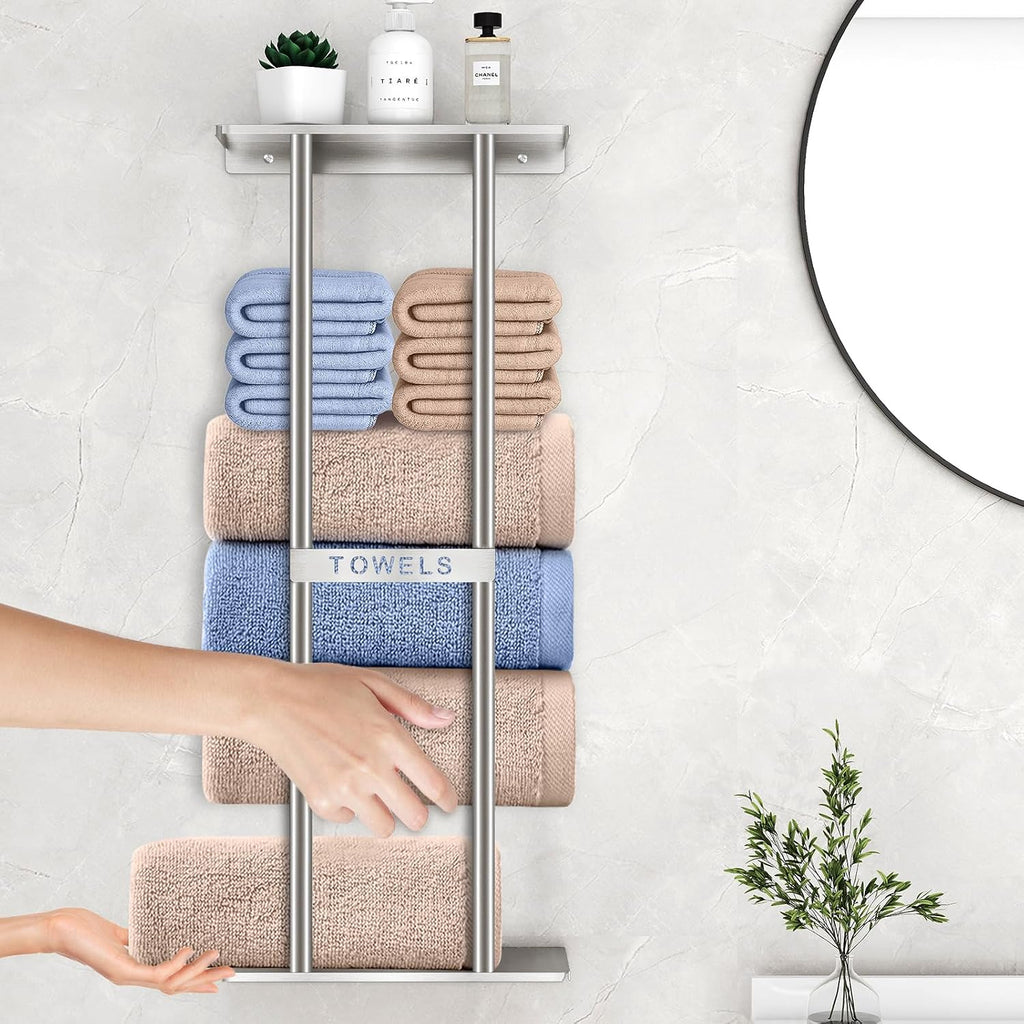 Bathroom Towel Storage , Wall Towel Rack for Rolled Towels, 30 inch Towel Holder Wall Mounted with Metal Shelf Can