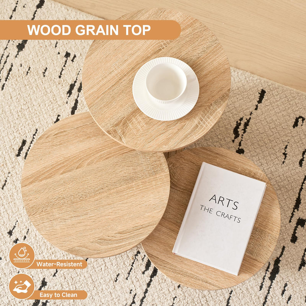 3-Piece Nesting Coffee Set Small Round Side Tables, Natual