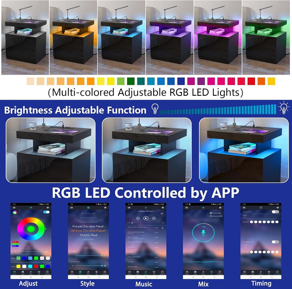 Nightstand with Charging Station and LED Light, Smart Nightstand with USB Port & Wireless Charging, Modern Night