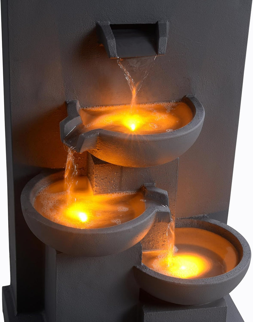 29.13" 3-Tier Cascading Outdoor Water Fountain with Planter, LED Lights Living Spaces, Matte Gray