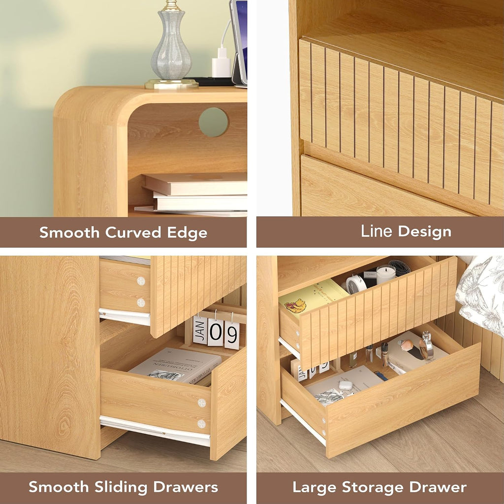 Modern Nightstand with Charger Station, 24" Tall Mid Century End Table with 2 Storage Drawers, Wood Bedside Table