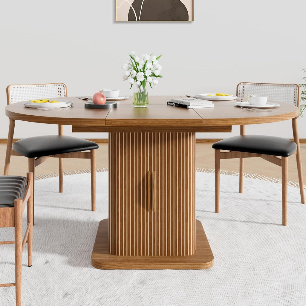 Extendable Round Dining Table for 4-6-8, 59 Inch Dining Room Kitchen Table with Storage, Fluted Wood Slide Door