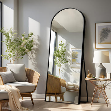 Arched Full Length Mirror, 64"x24" Aluminum Alloy Frame Full Body Mirror with Stand, Black - Free Standing, Leaning
