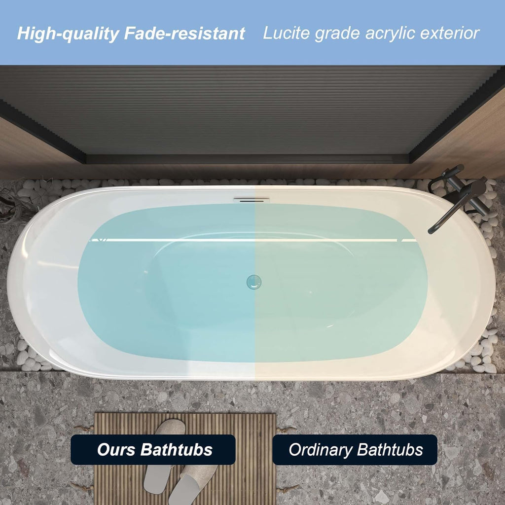 67" Oval Freestanding Soaking Bathtub with Toe-Tap Chrome Drain & Adjustable Leveling Feet, Stand Alone Tub, Acrylic