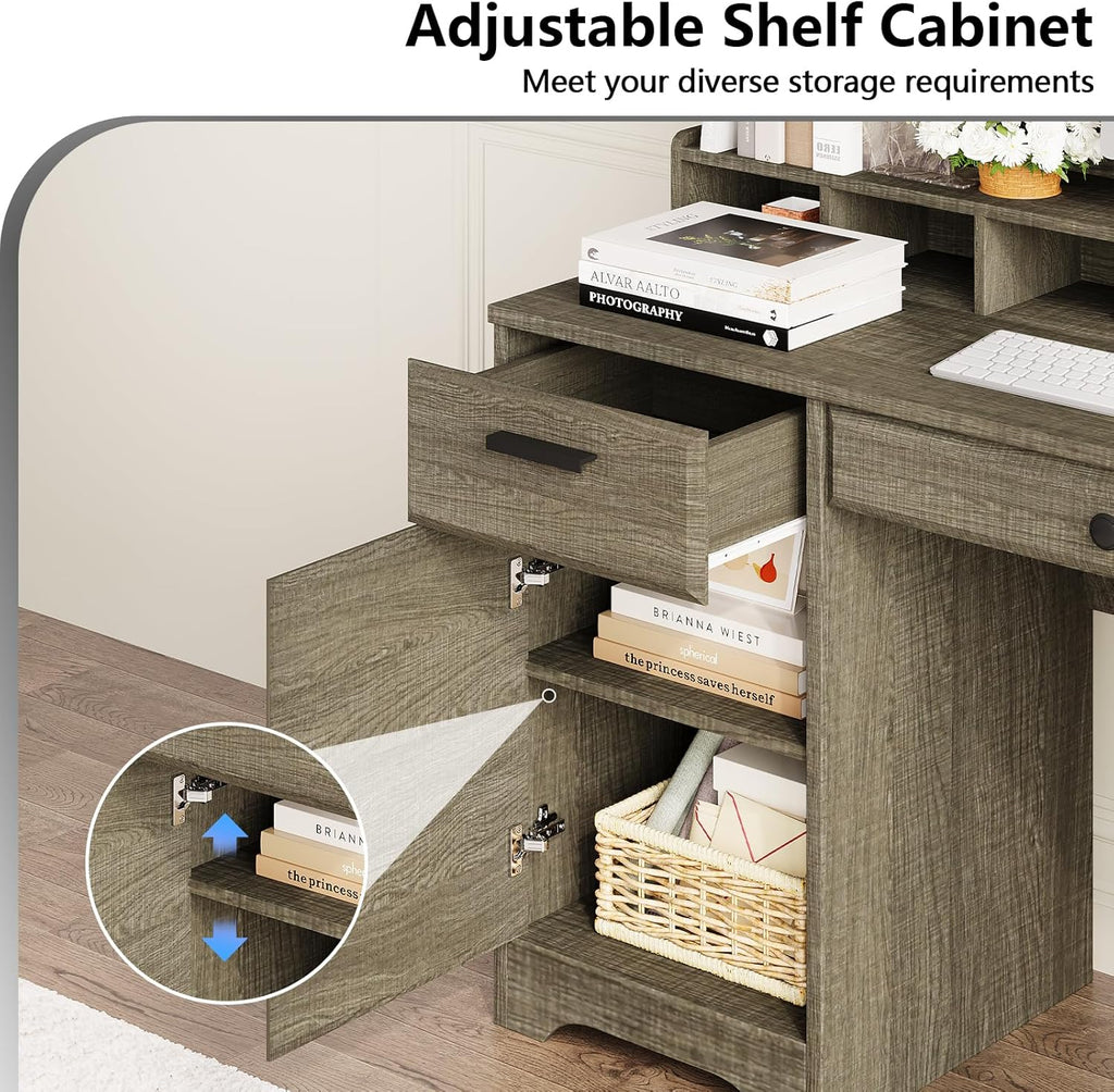 58 Inch Executive Desk with File Drawers, Computer Desk with Storage, Rustic Desk with Adjustable Shelves