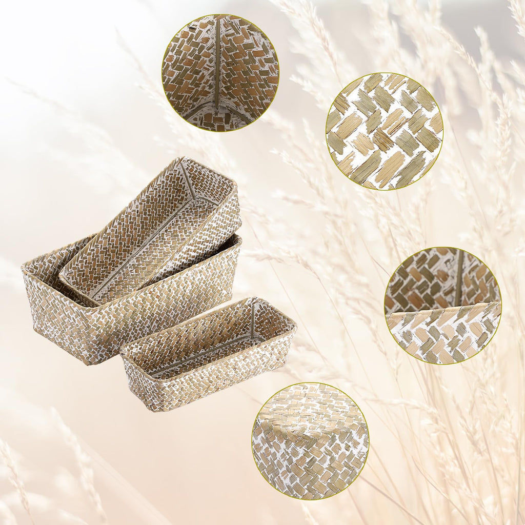 3 Natural Wicker Basket Set Rectangular Seagrass Basket, White Washed