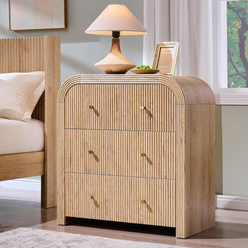 Fluted Nightstand with Charging Station, 32" Large 3 Drawers Bedside Table, Modern End Table with Storage Night Stand