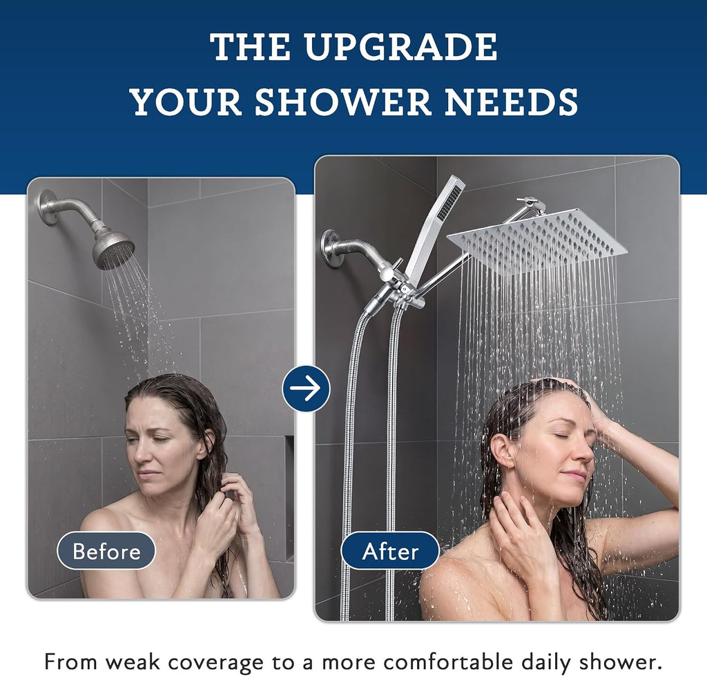 All Metal 8 Inch Dual Square Shower Head with Handheld Spray Combo, Rain Shower Head, Adjustable Extension Arm