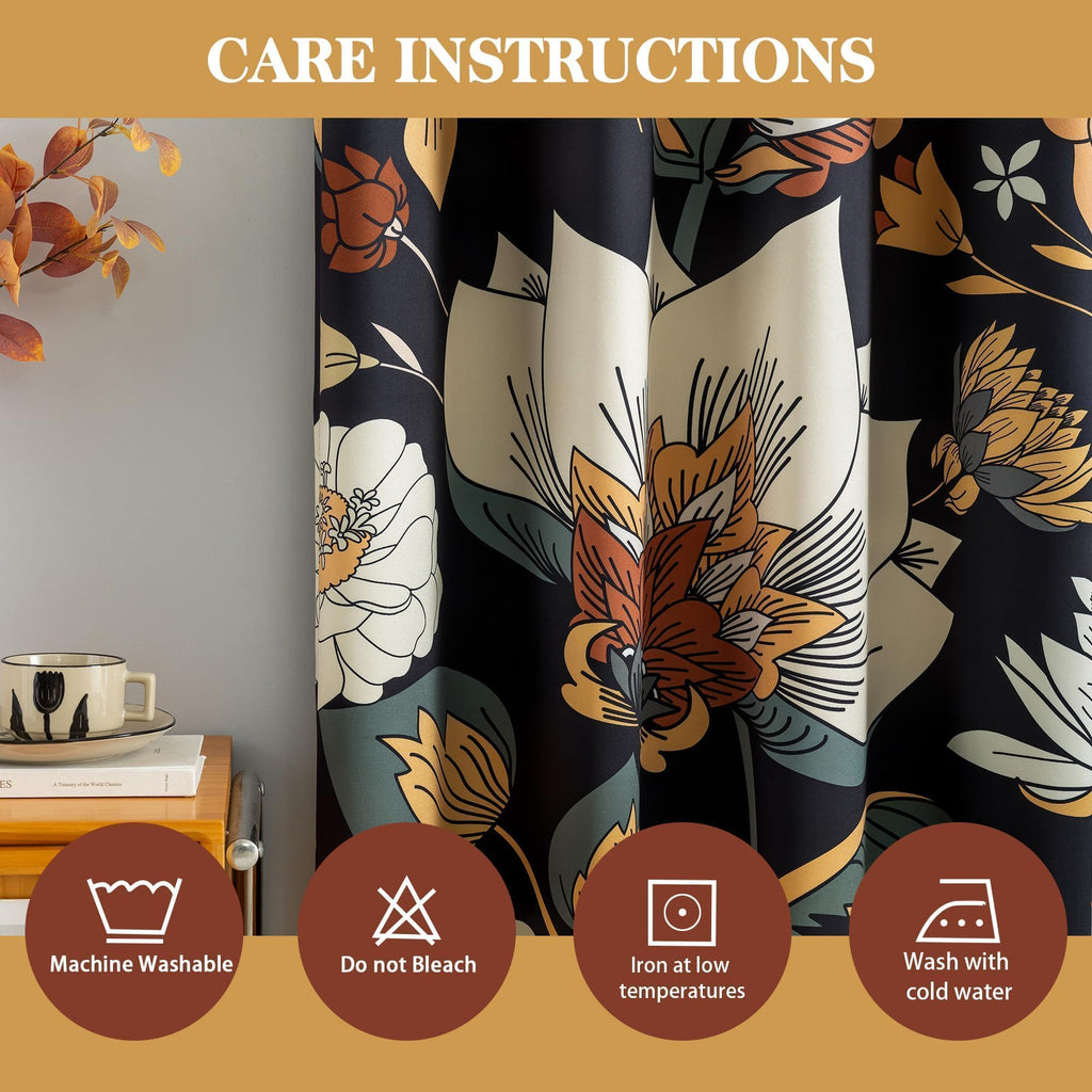 Black Boho Floral Grommet Blackout Curtains, 52W x 84L, 2 Panels