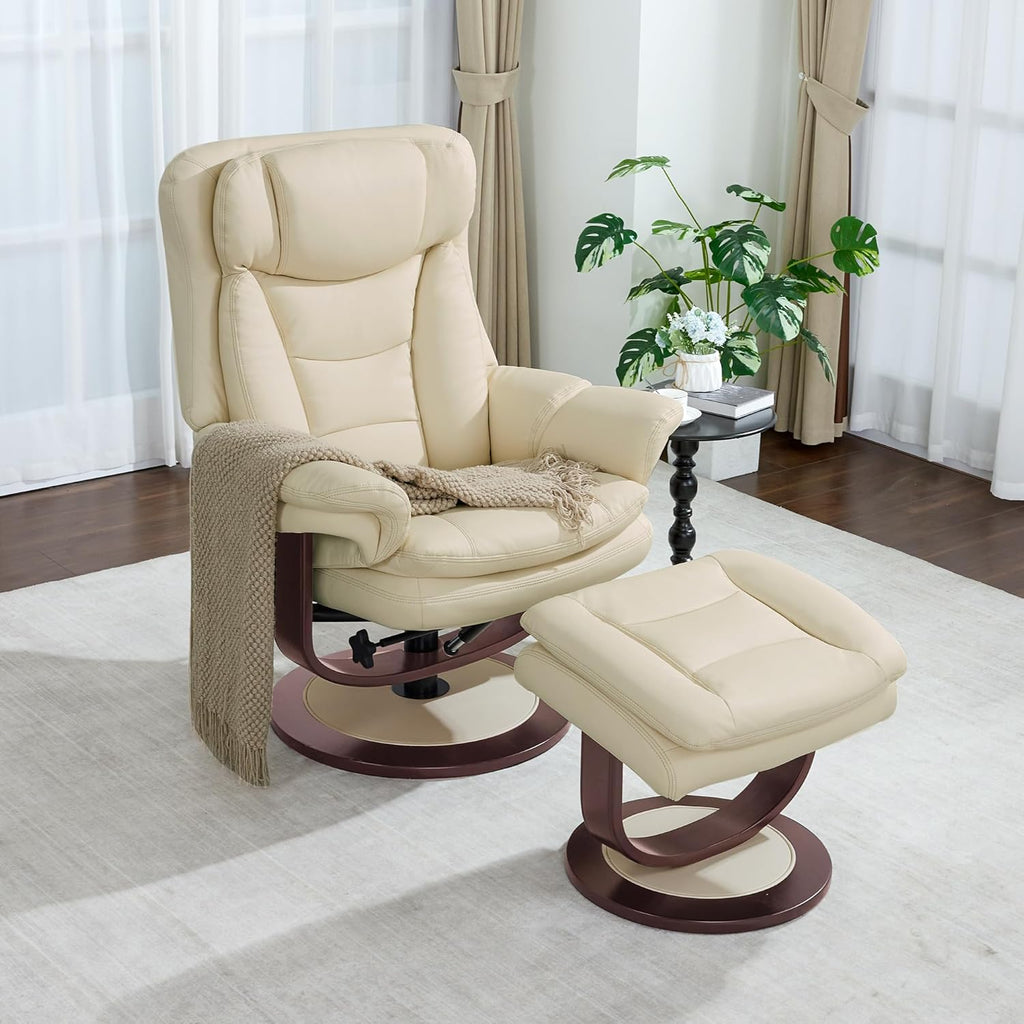Modern Reclining Swivel Lounge Chair and Ottoman — White Faux Leather