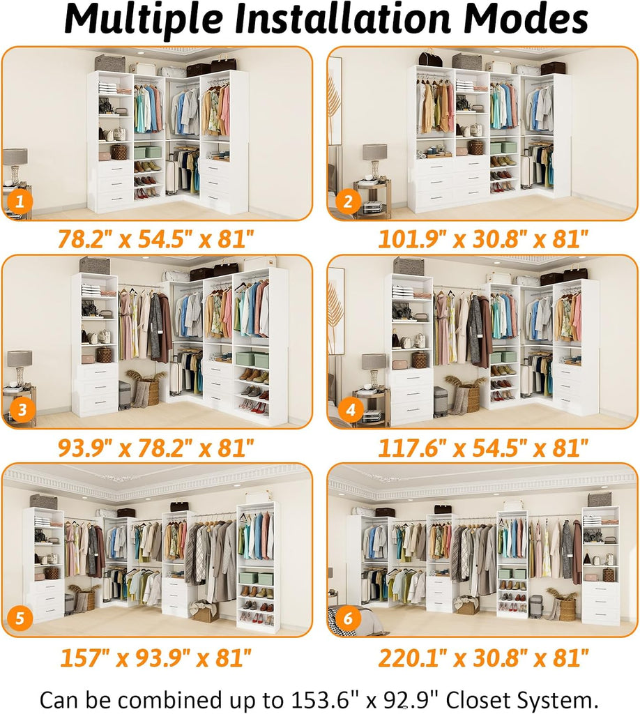 Closet System with 4 sets, 101.9" Closet Organizer Systems with 6 Drawers & 8 Hanging Rods & Adjustable Shelves, Walk