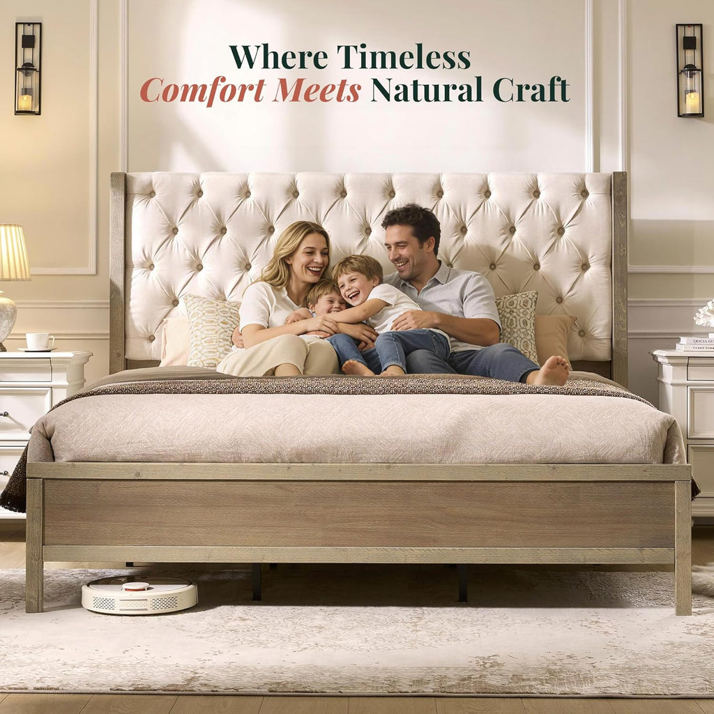 Solid Wood Queen Bed Frame, 57" Tall Farmhouse Platform Beds, Upholstered Line Wingback Headboard, Deep Button