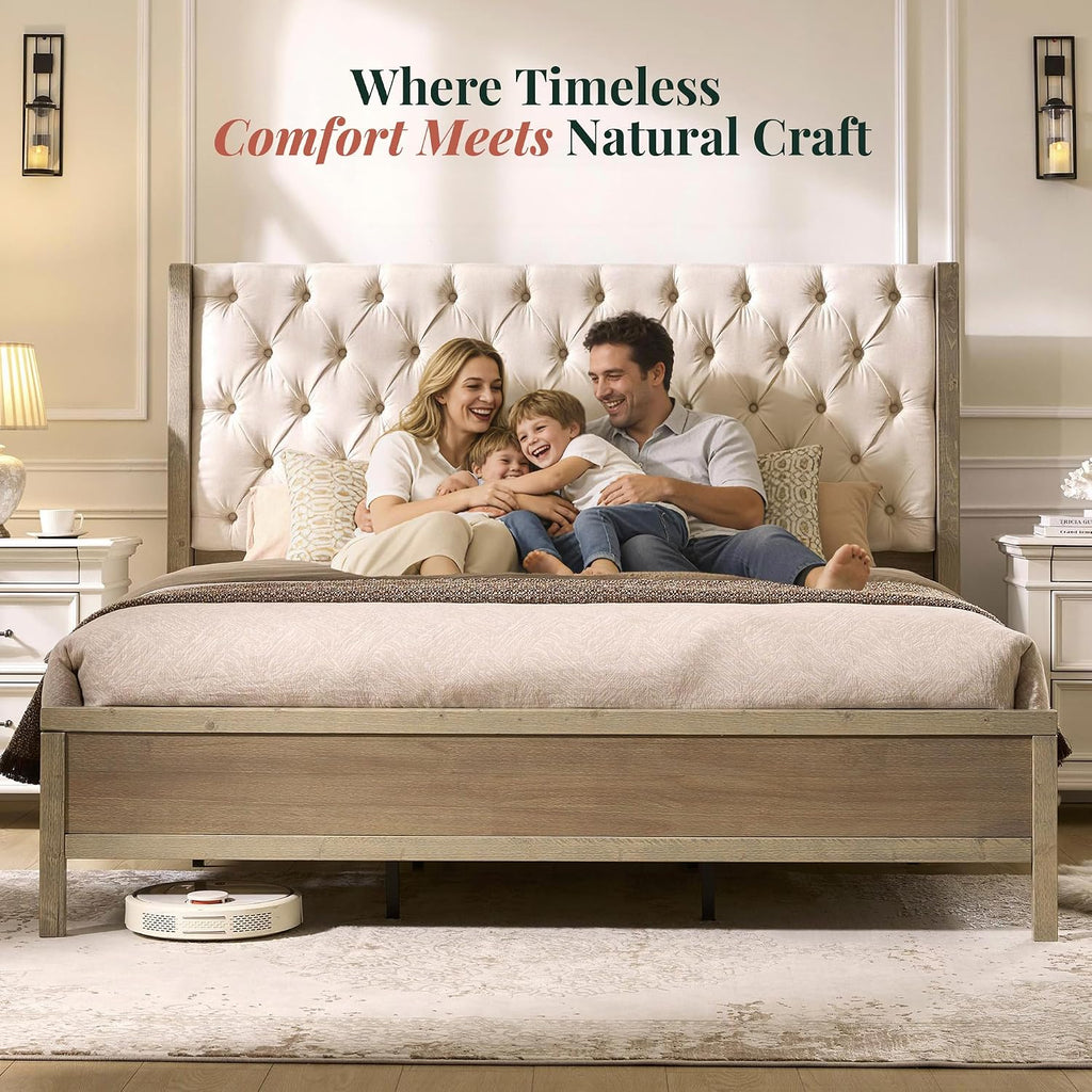 Solid Wood King Bed Frame, 57" Tall Farmhouse Platform Beds, Upholstered Line Wingback Headboard, Deep Button Tufted
