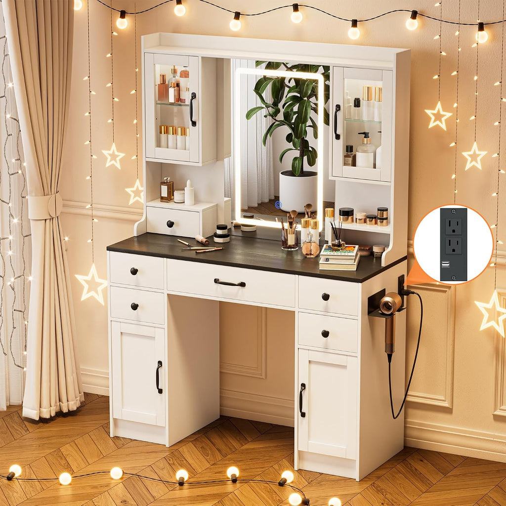 Vanity Desk with LED Lights Mirror & Power Outlet, Makeup Vanity Table Set with 3 Lights Modes, Dressing Table for