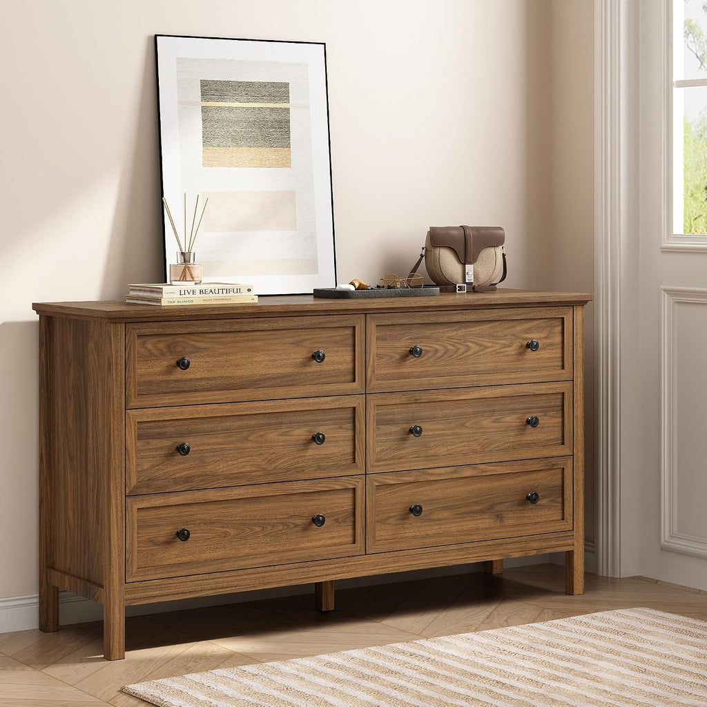 55'' Walnut Dresser with 6 Drawers , Wood Dresser Natural Modern Chest of Drawer with Handles Solid Wood Legs, Large