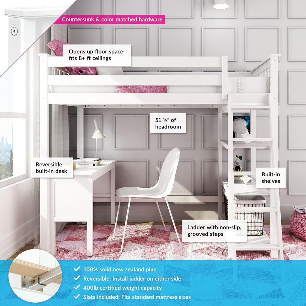 High Loft Bed, Twin Bed Frame for Kids With Bookcase and Desk, White